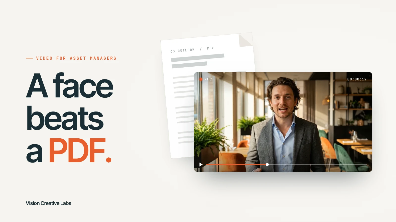 A presenter speaking direct to camera in a video player, placed over a Q3 outlook PDF